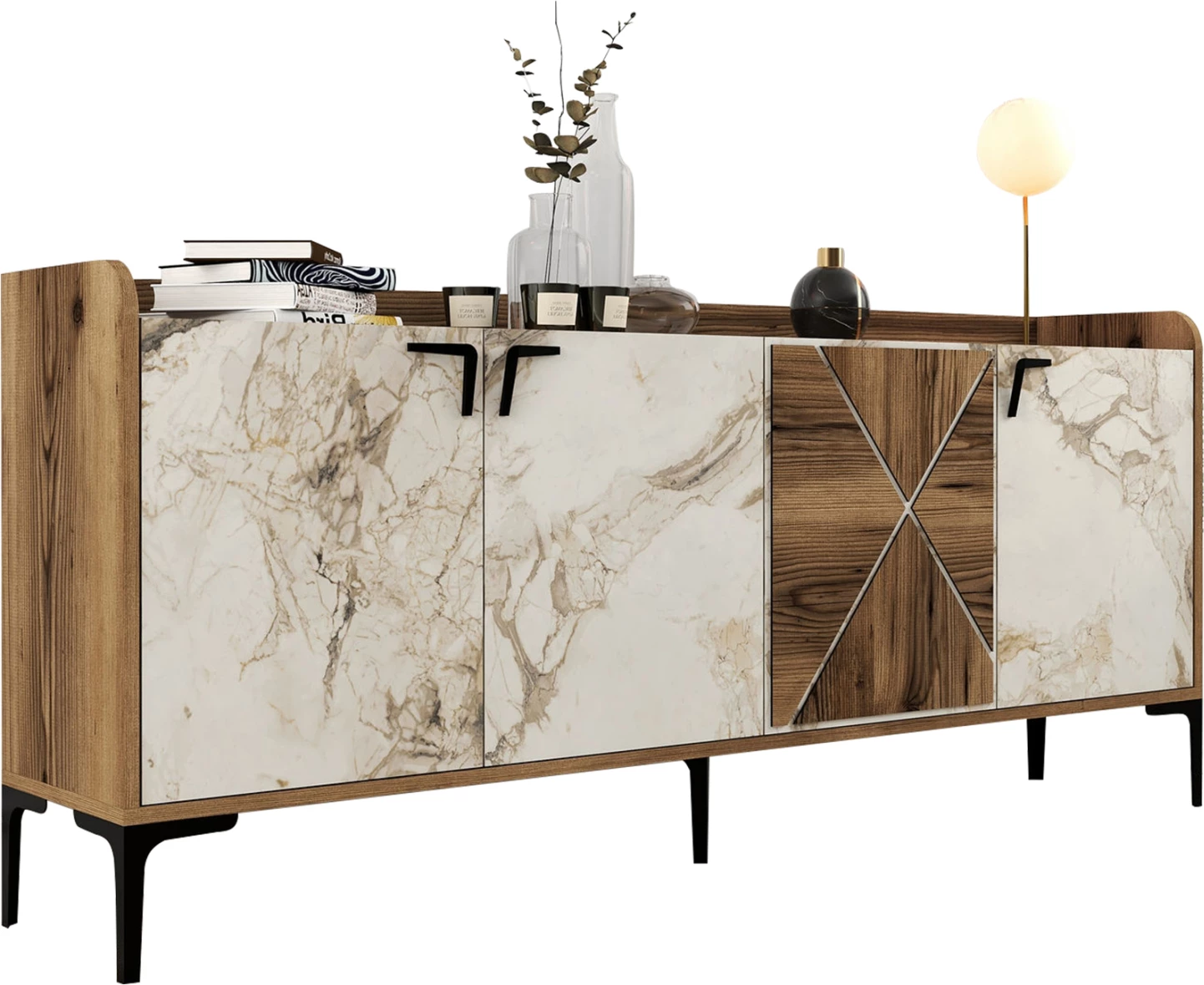 Bufe melamine, pamje arre dhe mermer të bardhë, 180x35x78H cm, FH9433.02