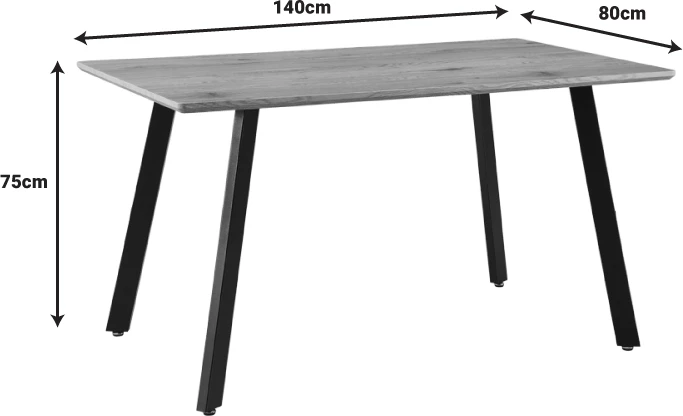 Tavolinë për ngrënie Toafel, MDF, ngjyrë natyrale, këmbë metalike të zeza, 140x80x75cm