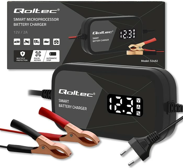 Karikues inteligjent mikroprocesorik Qoltec 52492, 12V, 2A, funksion rigjenerimi qelizash, LCD, i zi