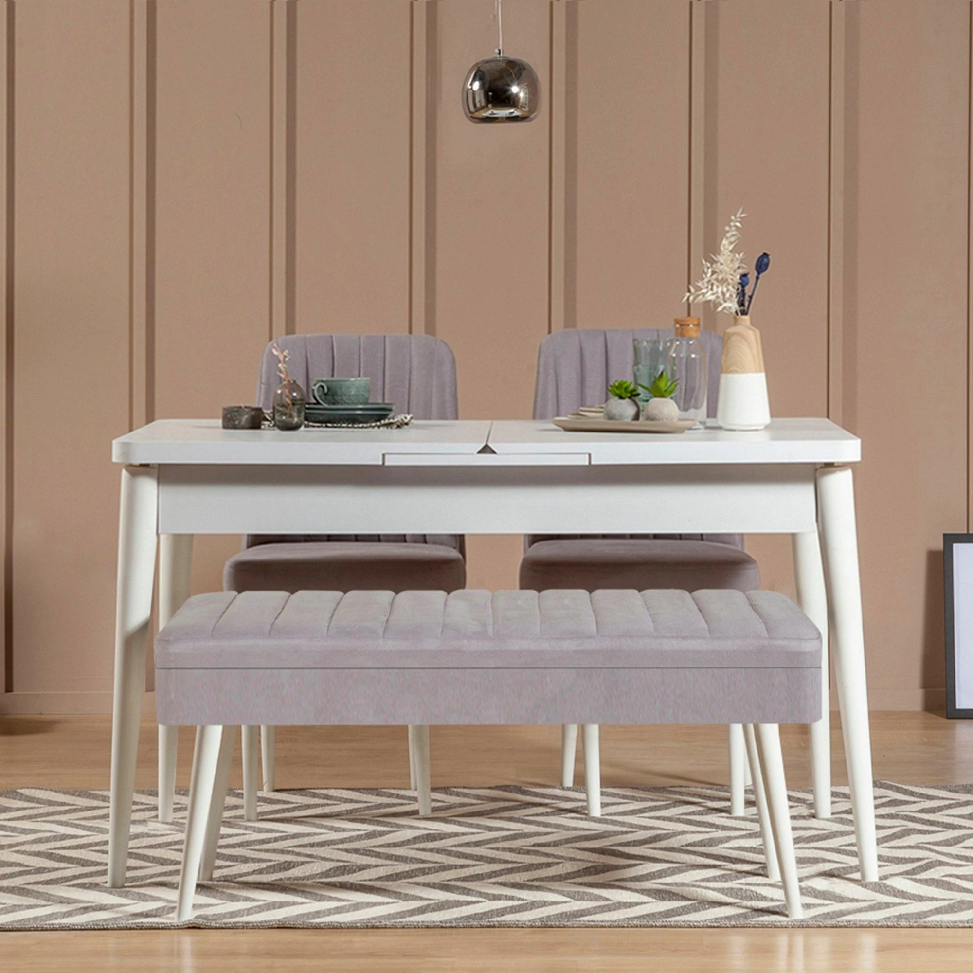 Set tavoline me karrige për ngrënie, e zgjatshme, 4 pjesë, Skye Decor, Vina 0701 - 3, e bardhë, gri