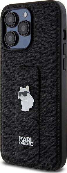 Mbështjellës Karl Lagerfeld Gripstand Saffiano Choupette Pins për iPhone 13 Pro Max, i zi