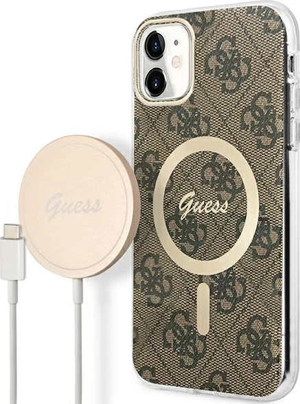Mbështjellës Guess GUBPN61H4EACSW me karikues wireless për iPhone 11, 6.1", 4G Print, kafe, set