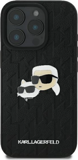 Mbështjellës Karl Lagerfeld Monogram Karl & Choupette Head Pin për iPhone 16 Pro, i zi