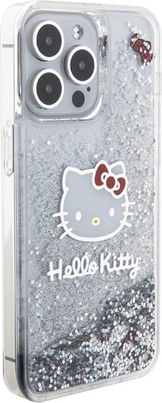 Mbështjellës Hello Kitty Liquid Glitter Charms Kitty Head për iPhone 15 Pro Max, argjendtë