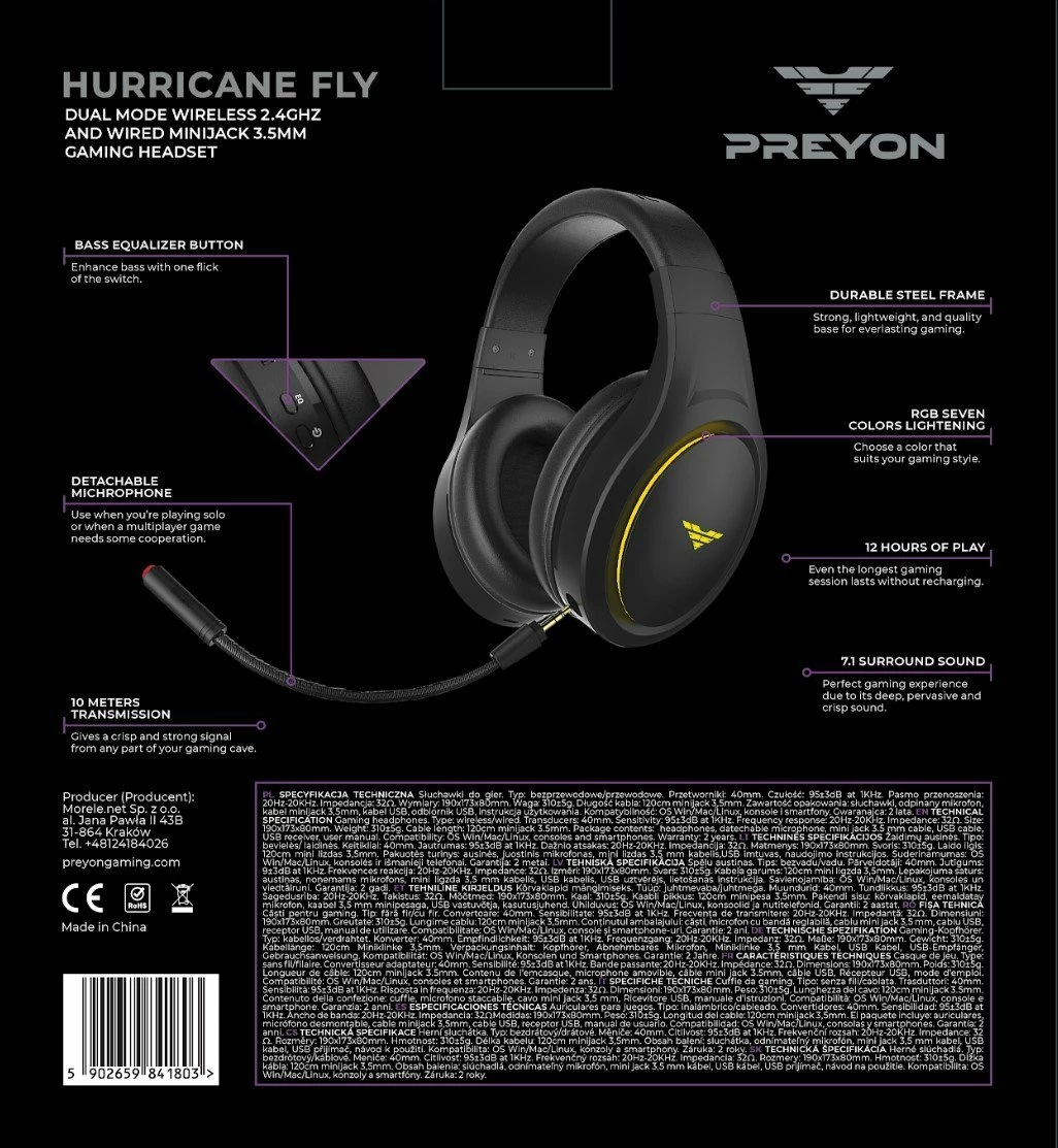 Kufje gaming PREYON Hurricane Fly PHF40B wireless 7.1 RGB me mikrofon të shkëputshëm, të zeza