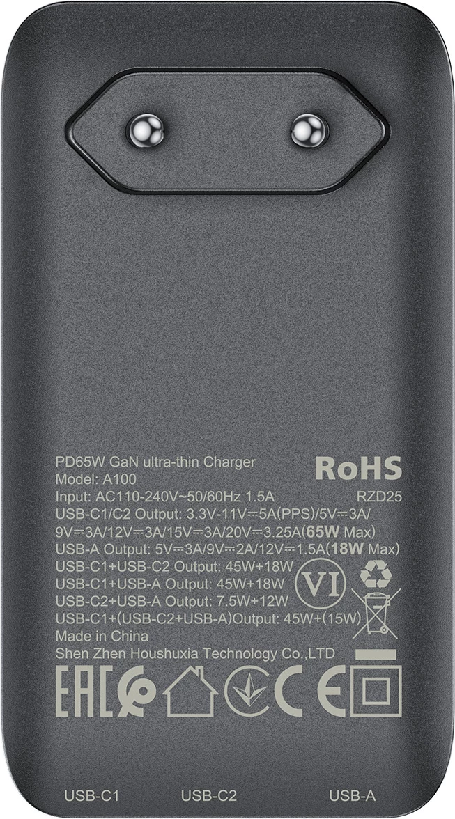 Karikues Acefast A100, 65W, GaN, 2x USB-C + USB-A, ultra i hollë, i zi