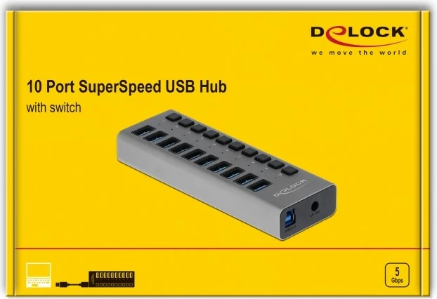 USB hub DeLOCK 10 porta, USB 3.2 Gen 1, alumini, 1m, gri