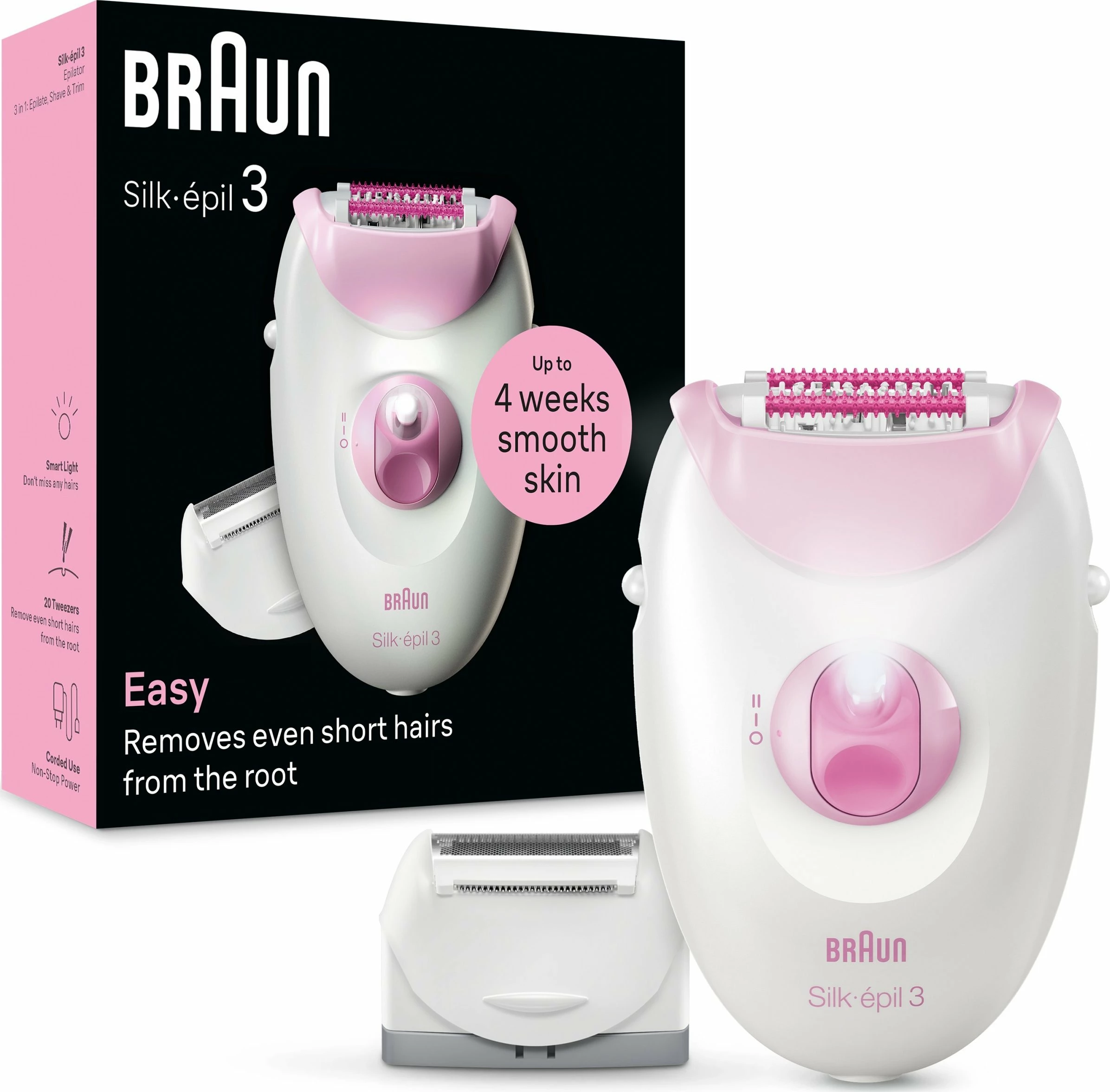 Depilator Braun Silk-épil 3 3-031, 20 pinceta, SmartLight, 2 shpejtësi, me aksesorë, rozë/bardhë