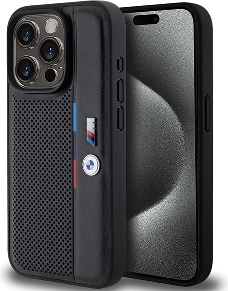 Mbështjellës BMW Perforated Tricolor Line për iPhone 15 Pro Max, i zi