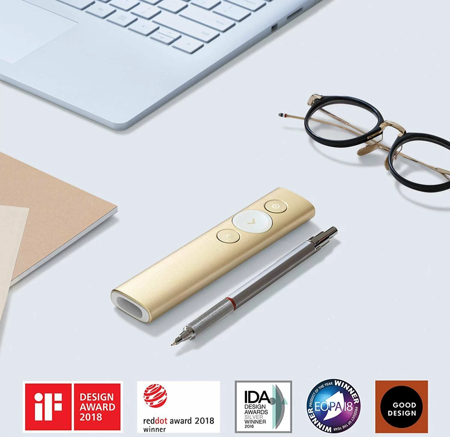Telekomandë prezantimi Logitech Spotlight 910-004862, rreze 30 m, Bluetooth/USB receiver, karikim USB-C, me kasë, gold