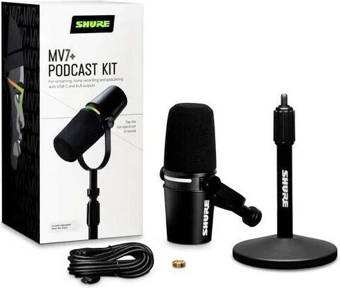 Mikrofon Shure MV7+-K-BNDL, XLR/USB-C, i zi + mbajtëse tavoline GATOR