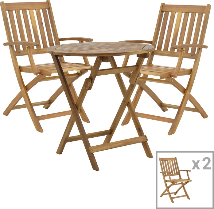 Tavolinë me 2 karrige Mobie-Carpuva set prej 3 copash, palosëse, dru akacie natyral D70x74cm