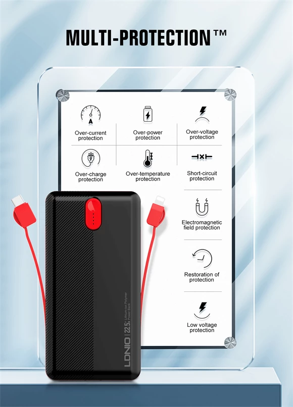 Power bank LDNIO PQ13 10000mAh 22.5W me kabllo të integruara USB-C + Lightning (1C1L) dhe 1x USB-A, e bardhë