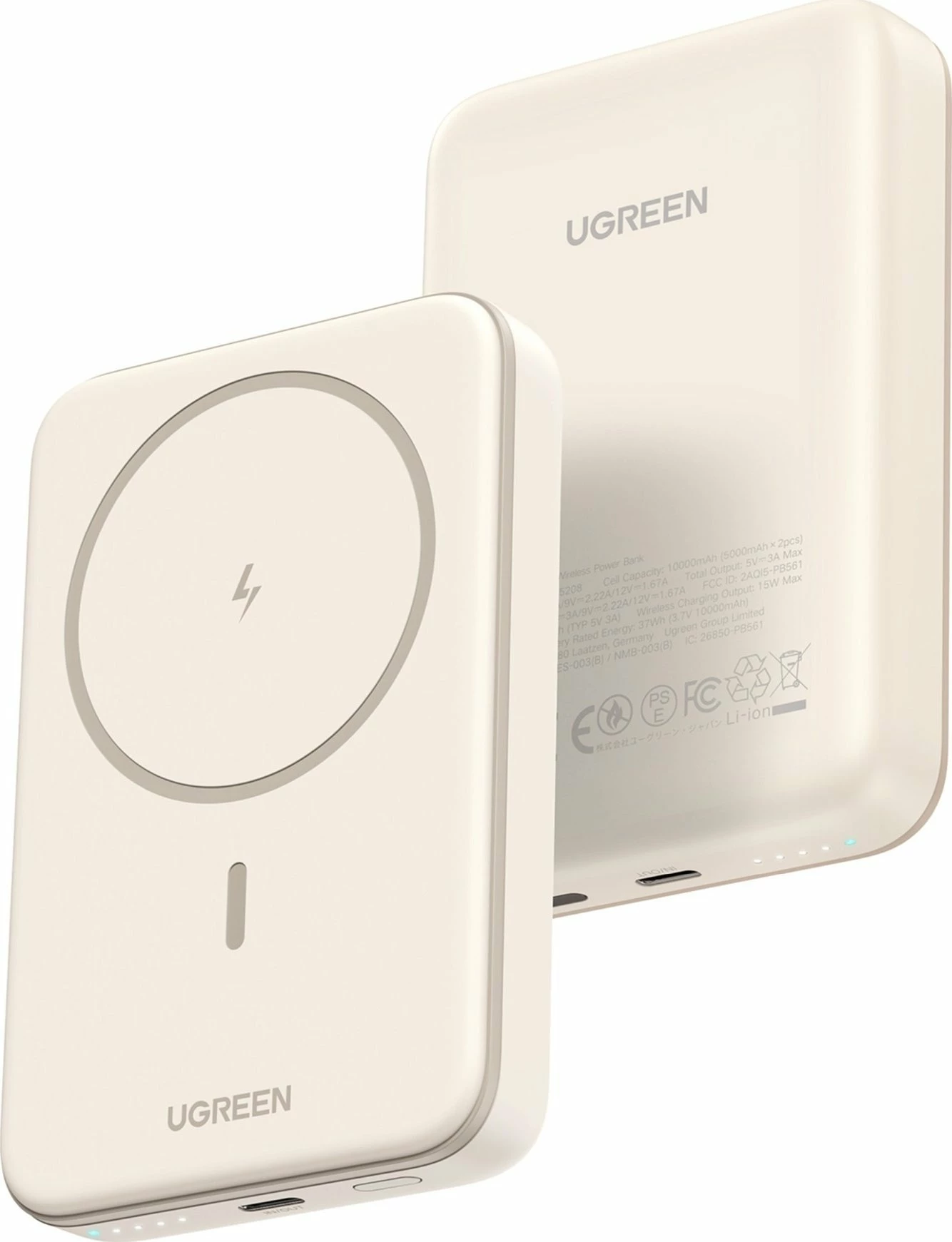 Powerbank Ugreen PB561 10000mAh magnetik me karikim pa tela, USB-C PD, krem