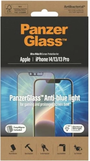 Xham mbrojtës PanzerGlass Ultra-Wide Fit me filtër dritës blu dhe EasyAligner për iPhone 14/13 Pro/13