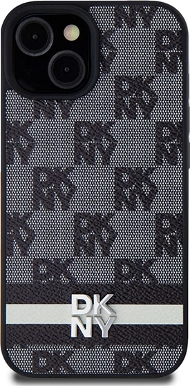 Mbështjellës DKNY Leather Checkered Mono Pattern & Printed Stripes për iPhone 15 Plus / 14 Plus, e zezë