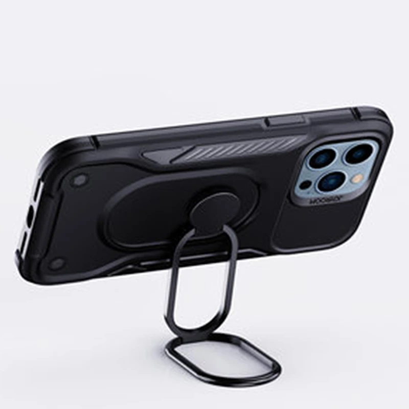 Mbështjellës Joyroom Dual Hinge për iPhone 14 Pro, me mbajtëse dhe unazë, i zi