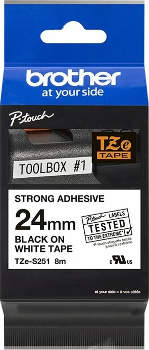 Kasetë etiketuese Brother TZe-S251, 24mm, tekst i zi mbi të bardhë, ngjitës i fortë, 8m
