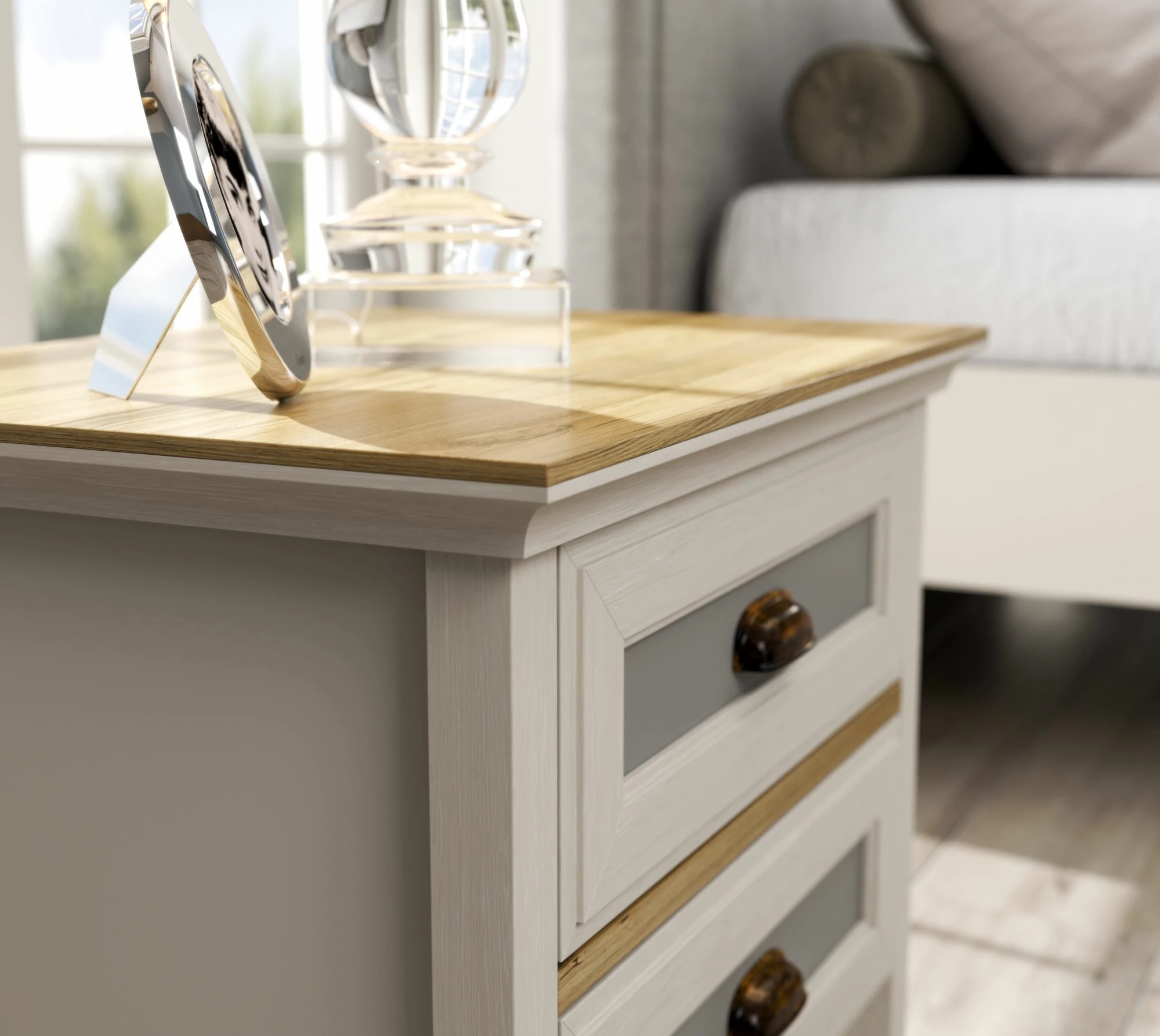 Komodinë anës krevati Skye Decor, krem, lis, gri, FRN-21016