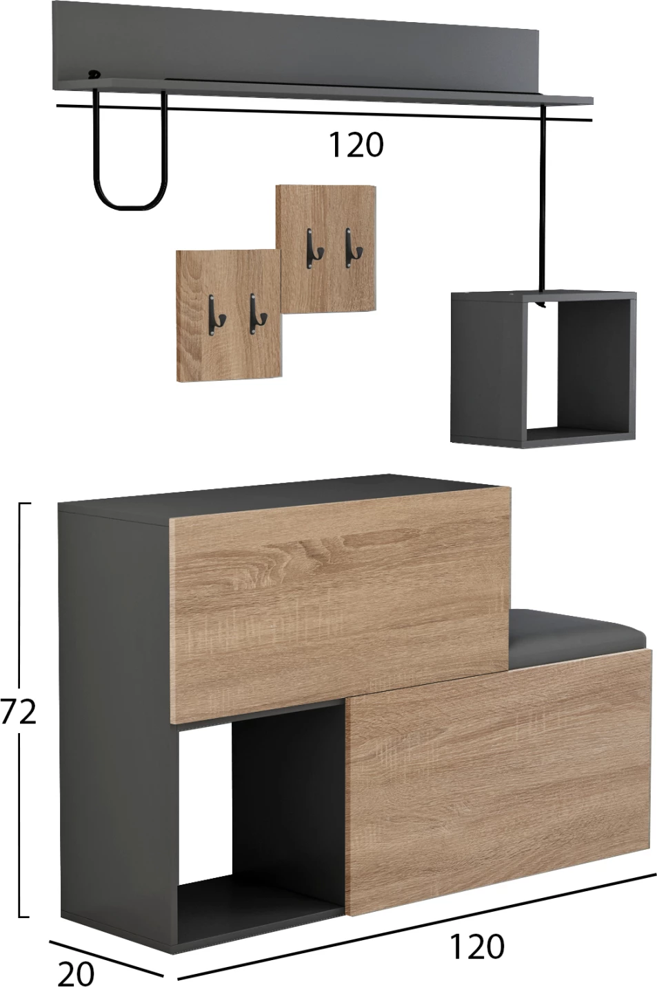 Set mobiljesh për hyrje CERB FH8957.11 melaminë në ngjyrë sonama-gri 120x20x72H cm