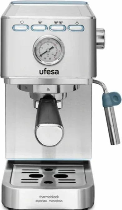 Aparat espresso UFESA Milazzo 71705063, 20 bar, 1350W, Thermoblock, me shkumëzues qumështi, argjendtë