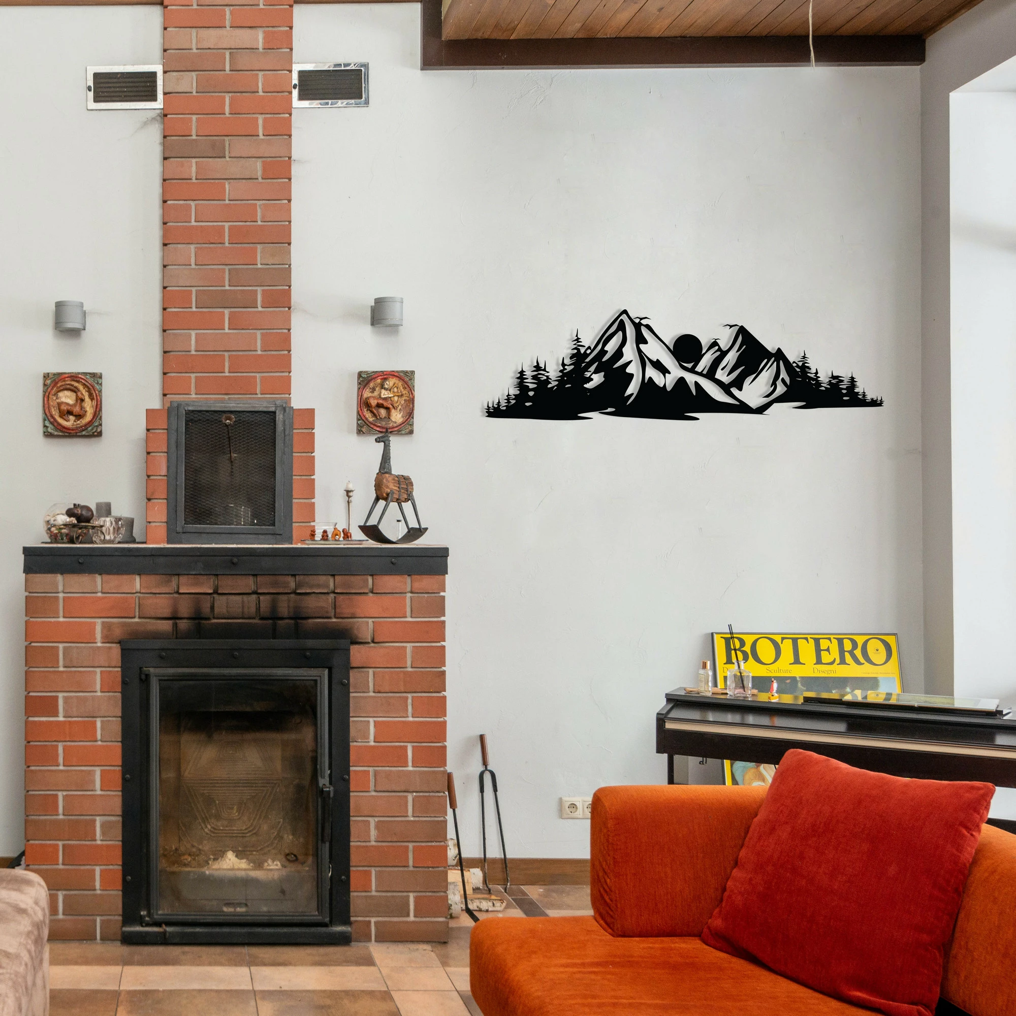 Aksesor dekorativ metalik për mur, Wallity, Mountain 2, ngjyrë e zezë, 68x19cm