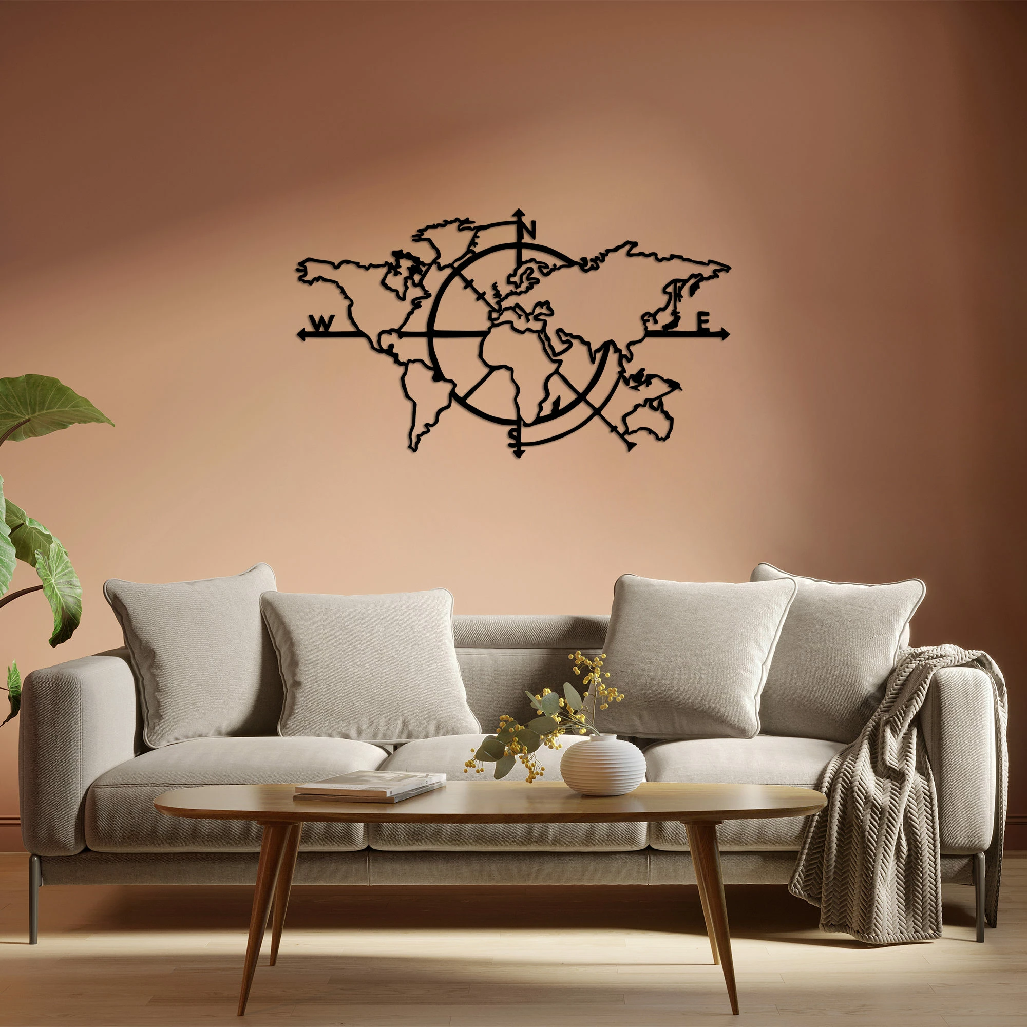 Aksesor dekorativ muri prej metali, hartë bote, Wallity, World Map 8, ngjyrë e zezë, 118x68cm