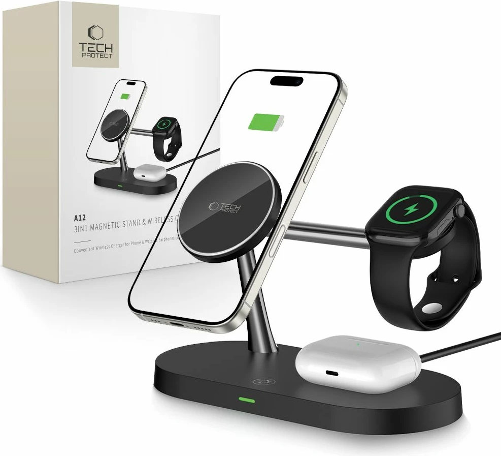 Karikues induktiv 3-në-1 Tech-Protect A12 me MagSafe, për smartphone/kufje/smartwatch, i zi