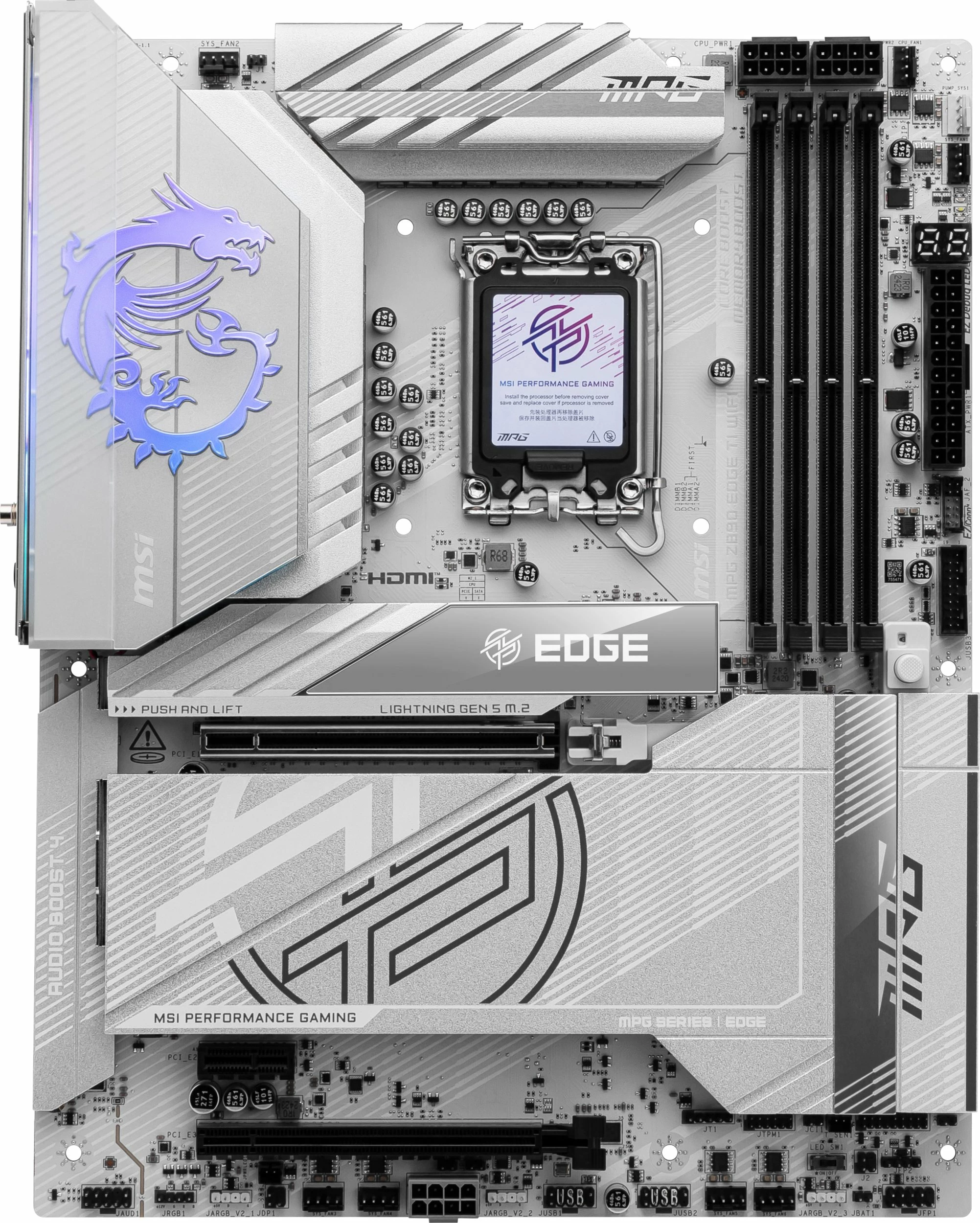 Pllakë amë MSI MPG Z890 EDGE TI WIFI, ATX, Intel Z890, LGA1851, DDR5 256GB, Wi‑Fi 7, bardhë/argjendtë