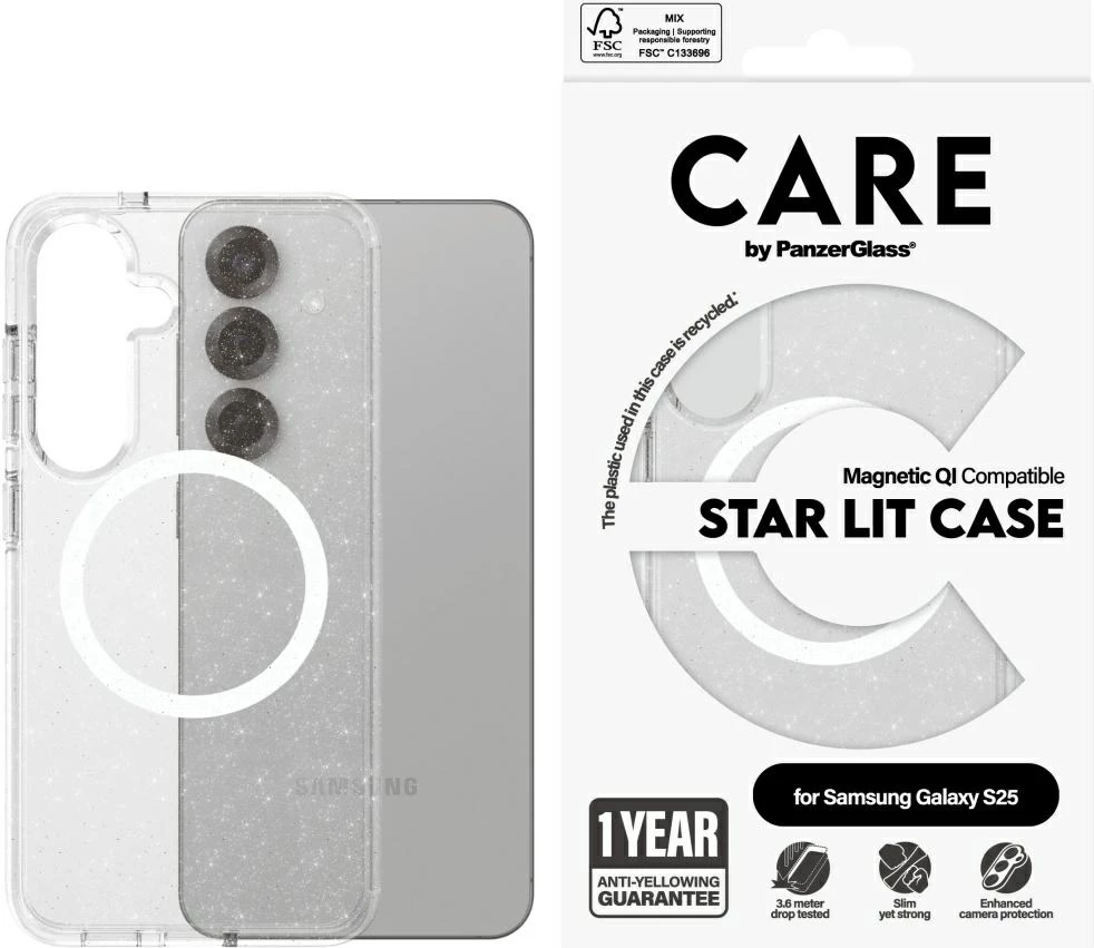 Mbështjellës PanzerGlass CARE Flagship Urban Combat Starlight White QI për Samsung Galaxy S25, Transparent