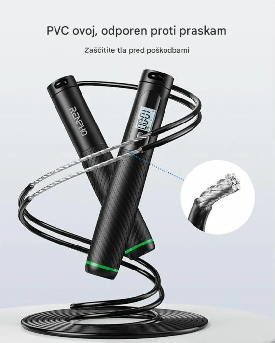 Litar kërcimi smart RENPHO R-Q008 wireless Bluetooth me ekran, 3 m i rregullueshëm, me topa pa litar + litar, i zi (set)