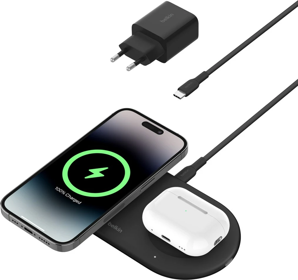 Mbushës wireless 2-në-1 Belkin WIZ021VFBK, Qi2, 15 W, i zi