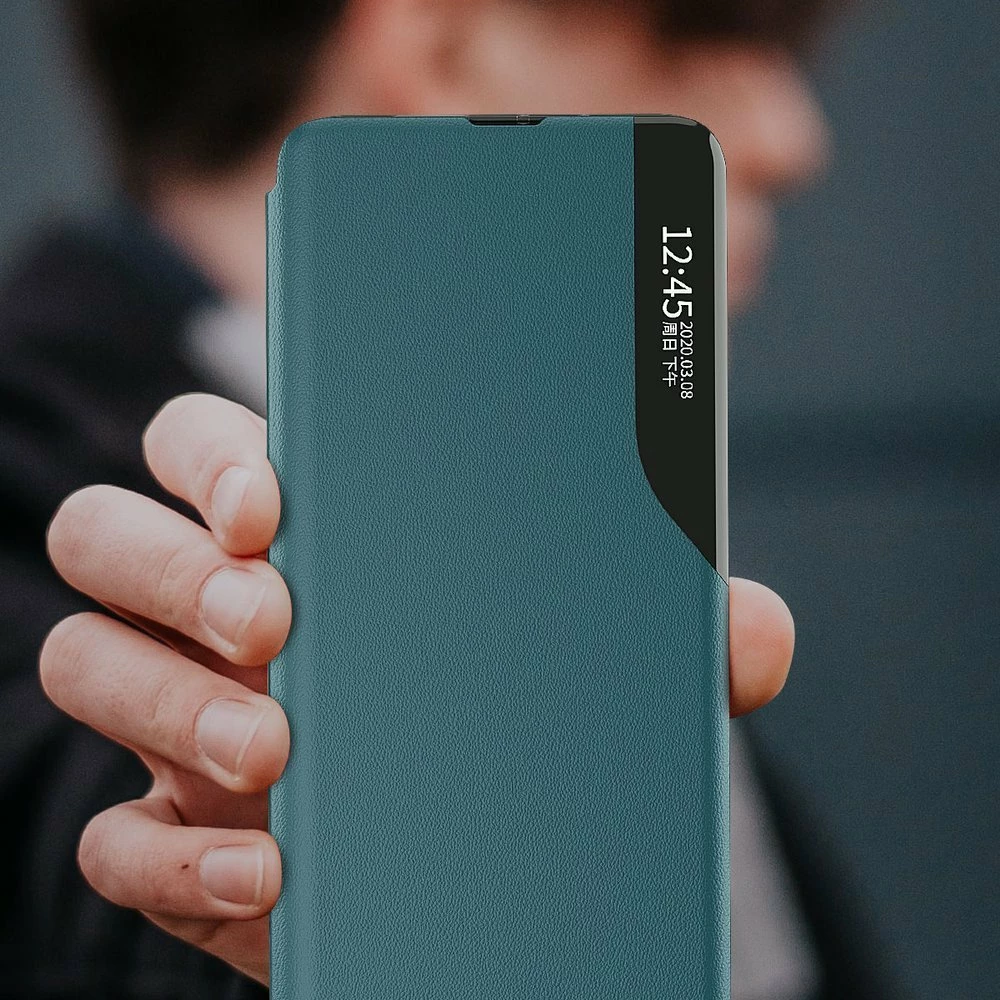 Mbështjellës Hurtel Eco Leather View Case për Samsung Galaxy A02s EU, me kapak dhe qëndrim, i zi