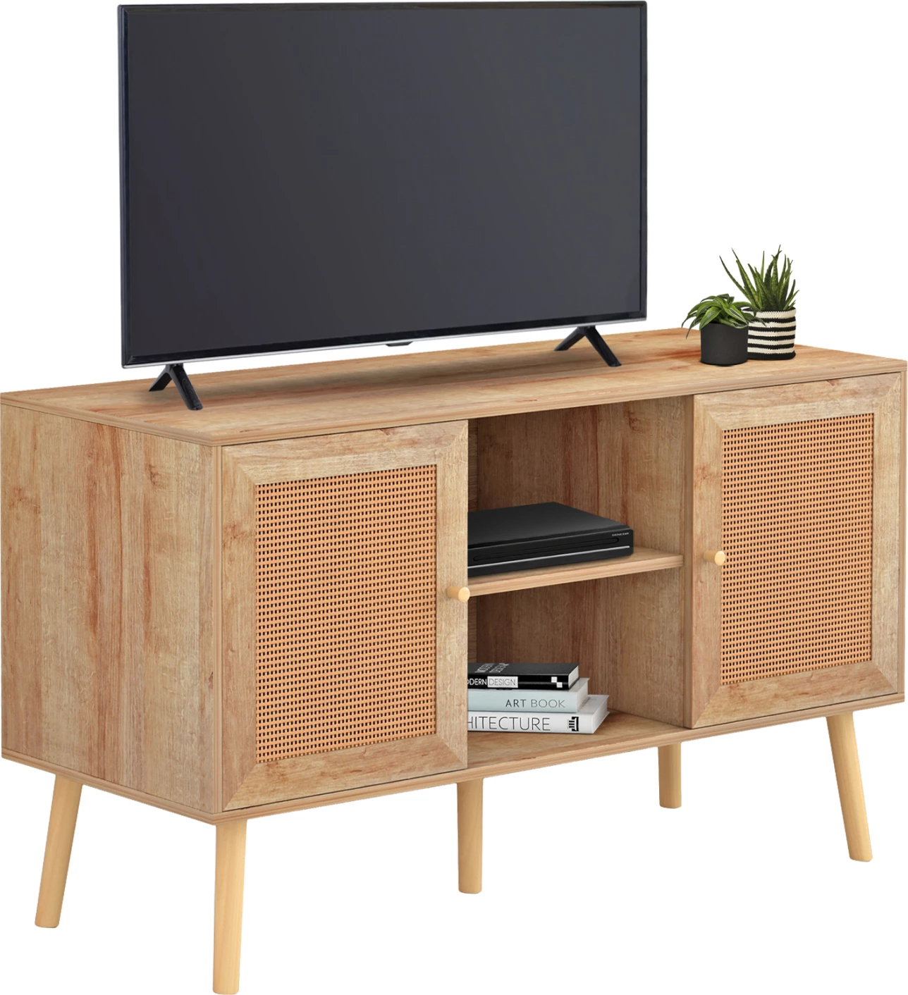 Mbajtës TV melamine me dyer rattan, ngjyrë natyrale, FH9223.11, 120x39x56.5 cm