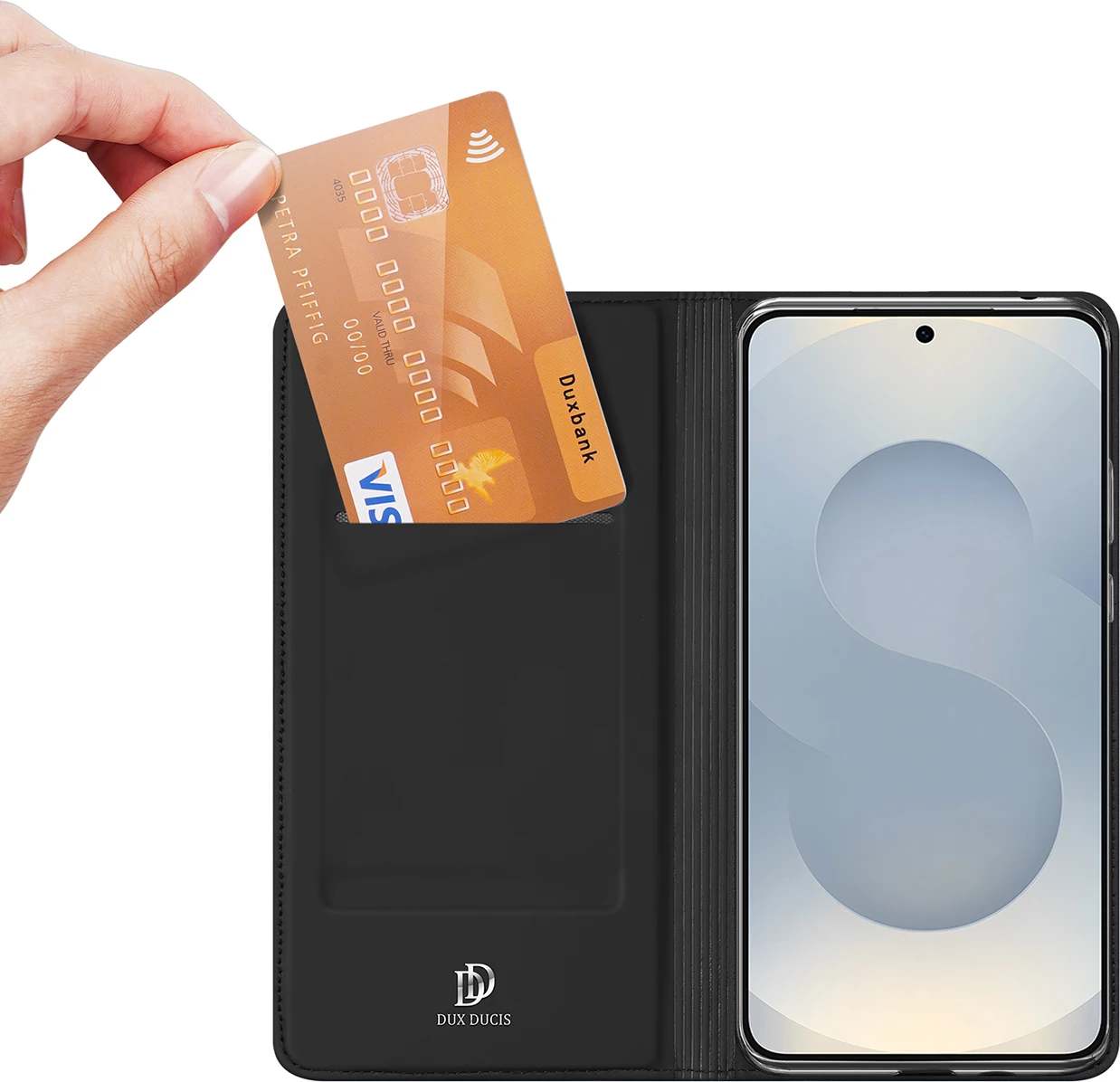 Mbështjellës Dux Ducis Skin Pro për Samsung Galaxy S25 Edge, me kapak dhe xhep për kartë, i zi