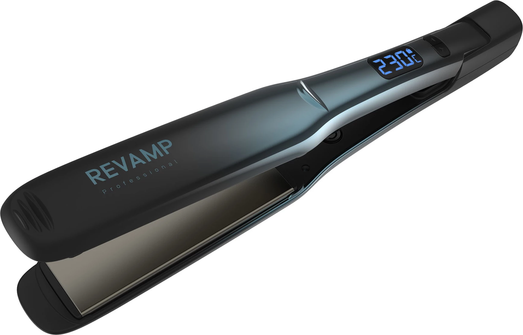 Hekur për flokë Revamp Progloss Wide Ultra X Shine ST-2000, pllaka qeramike të gjera, 80-235°C, jonik, kabllo 3 m, me pad silikoni, blu metalike