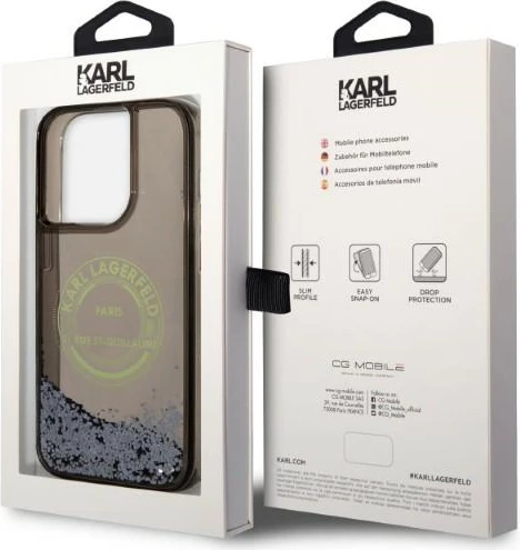 Mbështjellës Karl Lagerfeld Liquid Glitter RSG për iPhone 14 Pro, i zi