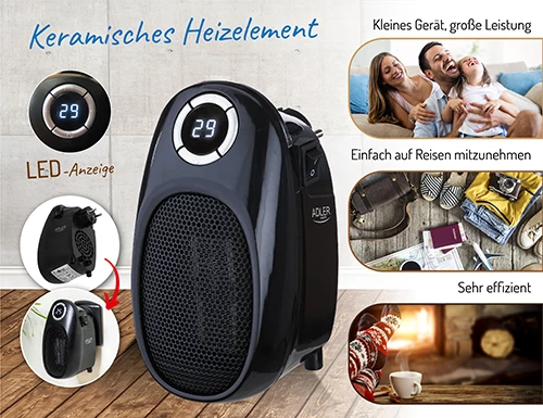 Ngrohës portativ, Adler, AD 7726 Thermofan Easy Heater, 1500W, timer 1-12h, kontroll temperature 15-35°C, element qeramik, i zi