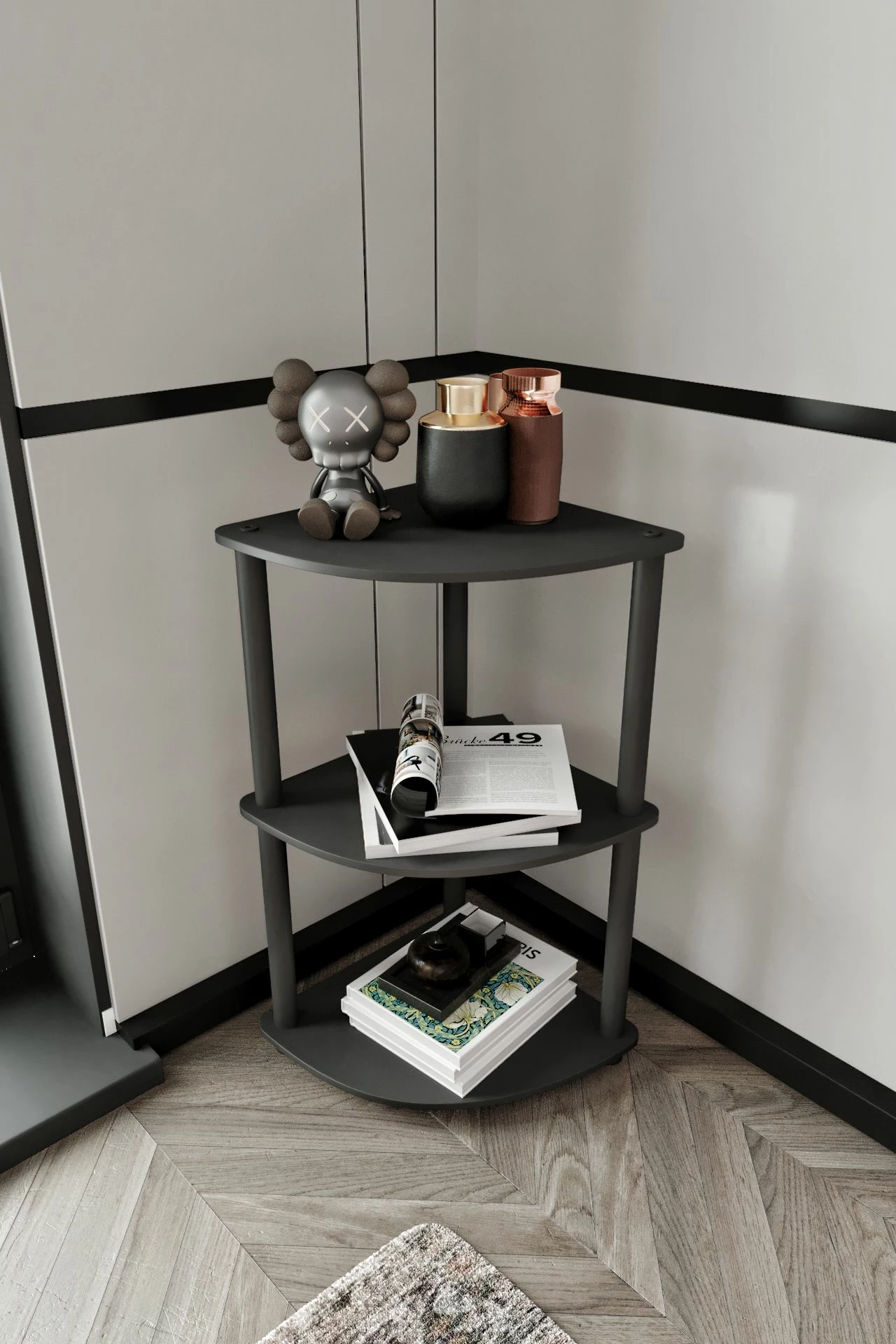 Raft këndi për libra, i zi, 3 nivele, Skye Decor