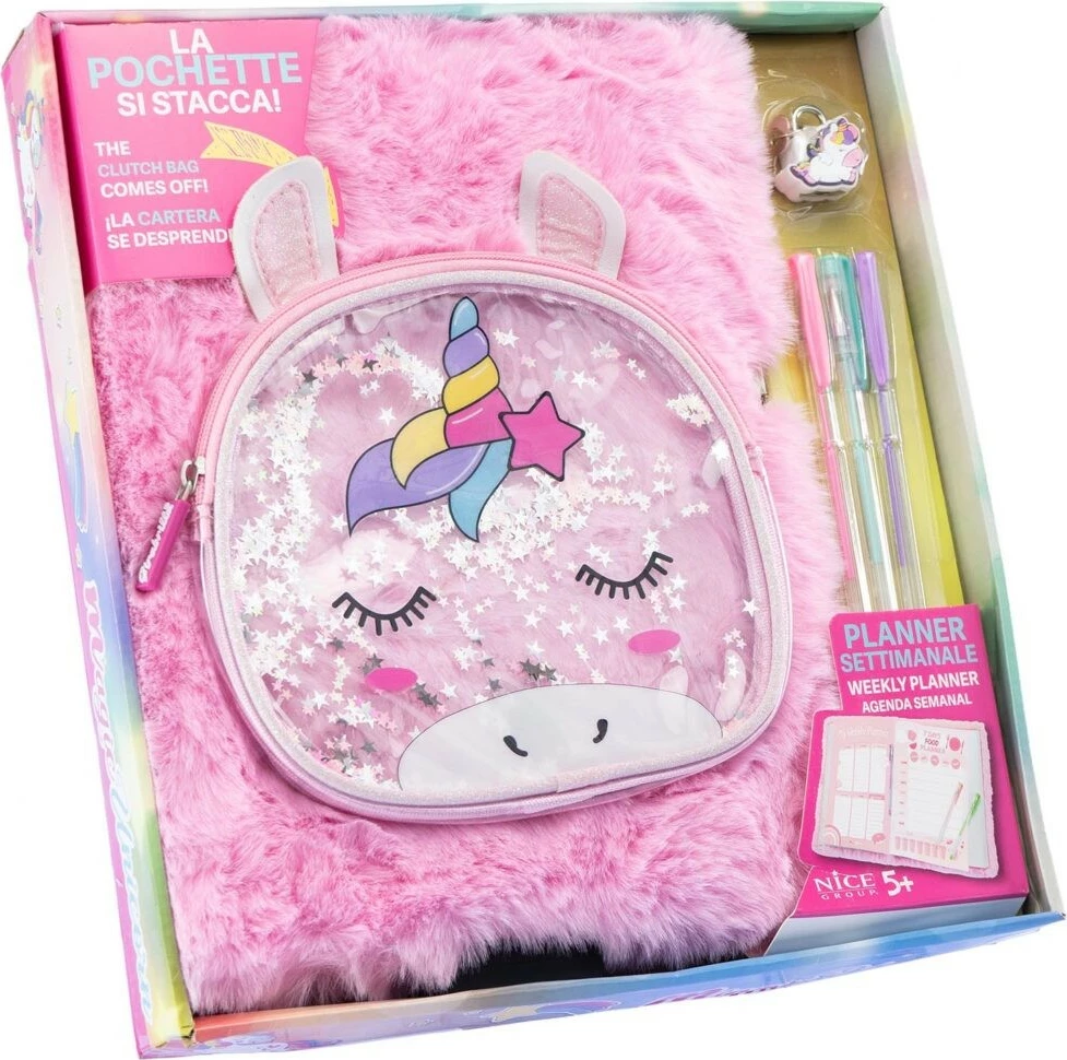 Planifikues maxi Nice me unikorn, me çantë kozmetike të ndashme, 3 stilolapsa, rozë