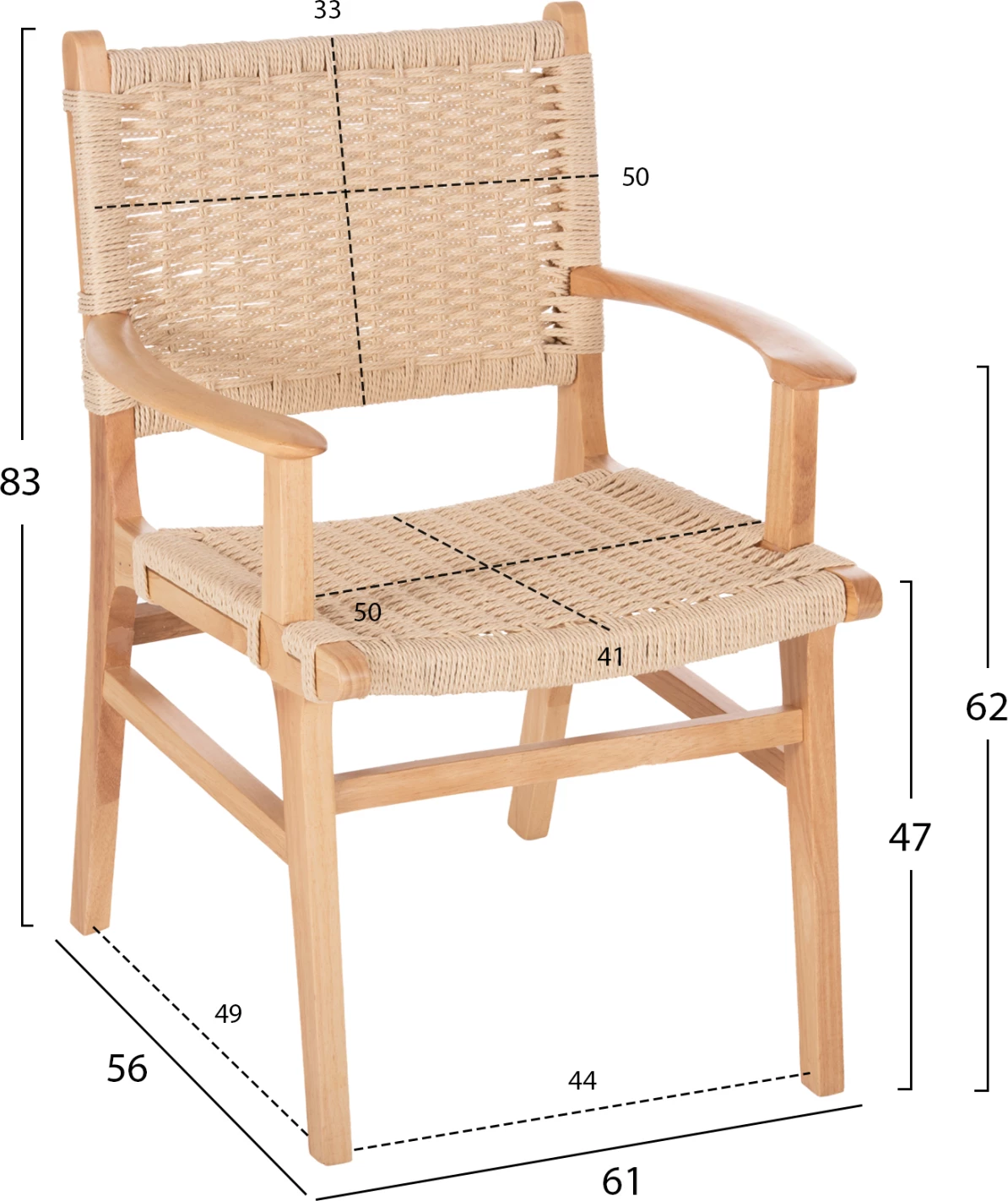 Karrige me krahë FH9331.01, për brenda, druri gome, sedilje me litar, 61x56x83 cm