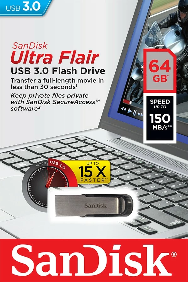 Pendrive SanDisk Ultra Flair 64GB, USB 3.0, Zi/Argjendtë