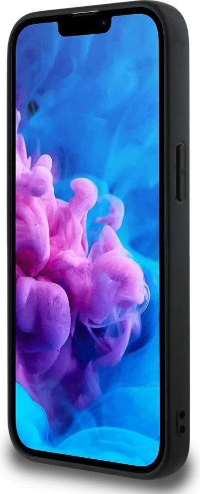 Mbështjellës DKNY Repeat Texture Pattern me shirit dhe logo metalike, për iPhone 16e, e zezë