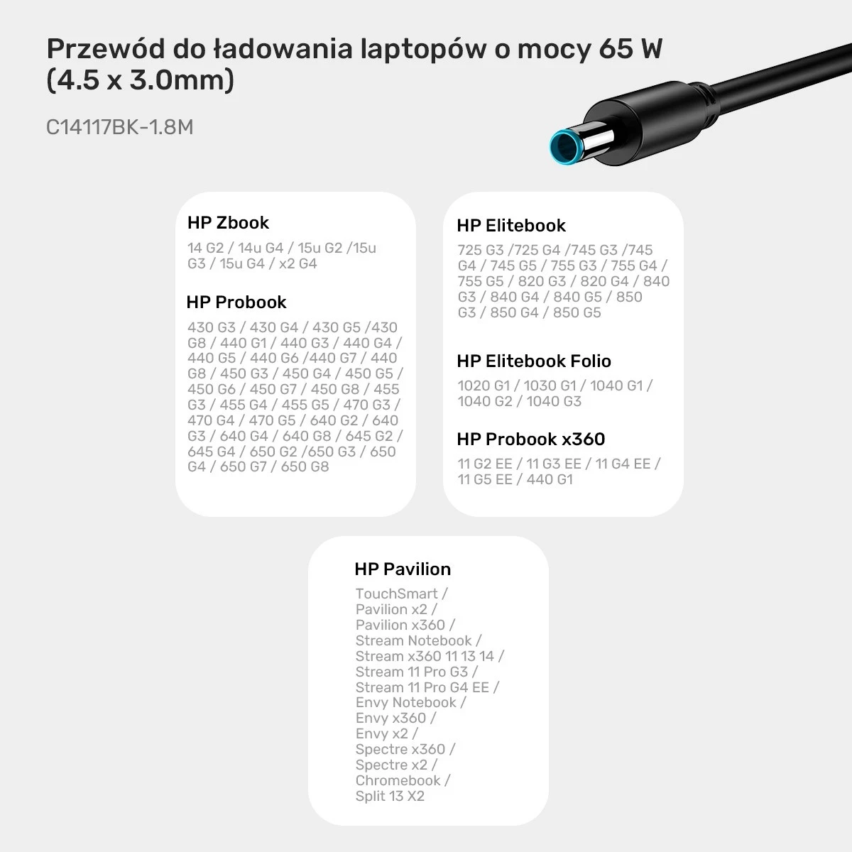 Kablli i energjisë për laptop HP Unitek, 65W USB-C - DC4,5mm, ngjyrë e zezë