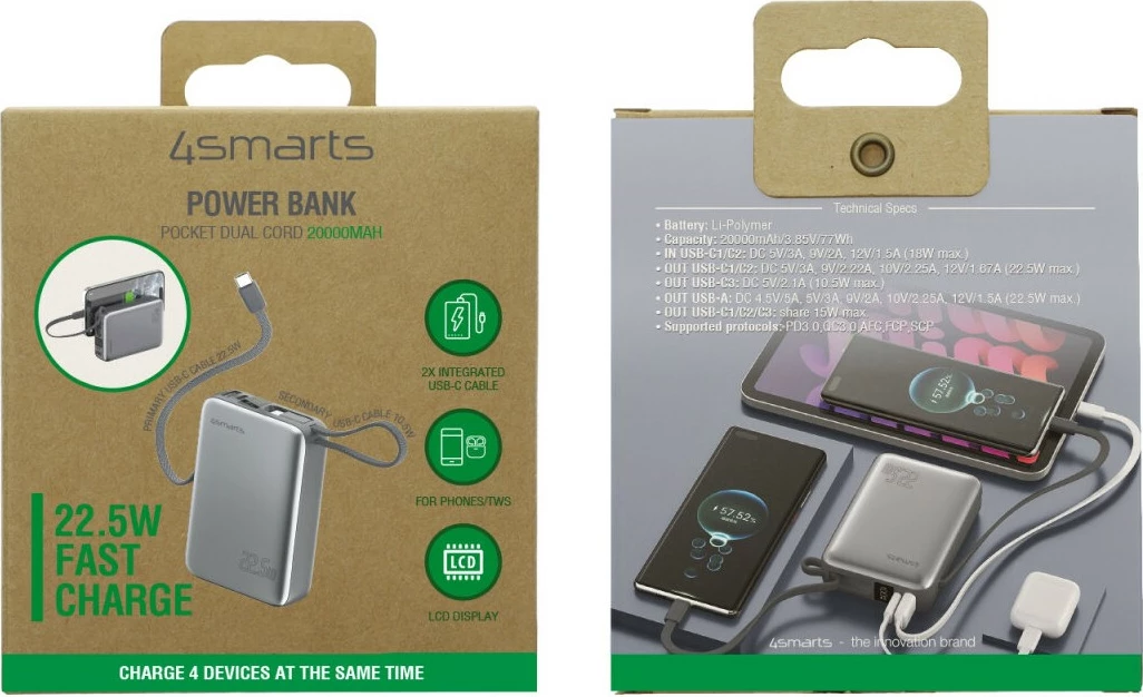 Powerbank 4smarts Powerbank Pocket Dual Cord 20000mAh 22.5W spacegrau