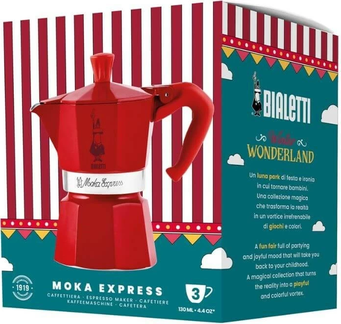 Moka Bialetti Moka Express Winter Wonderland, 3 filxhanë, 140 ml, Kuqe, Argjendtë