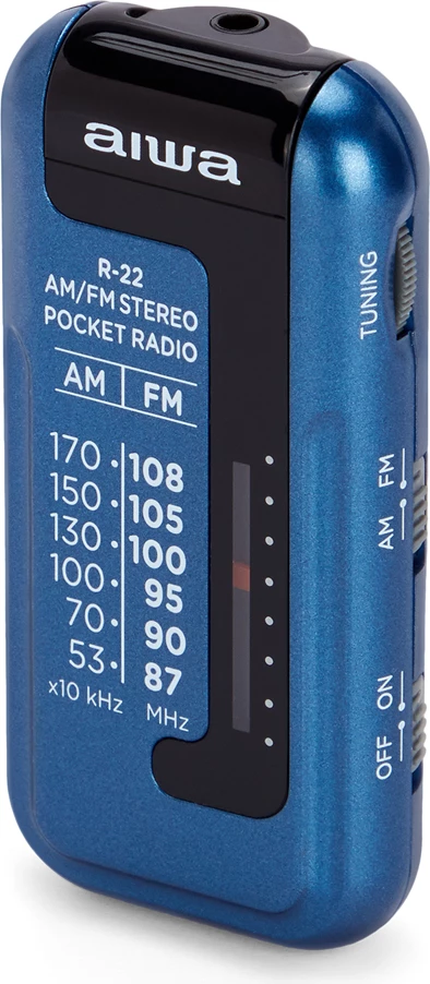 Radio portative xhepi Aiwa R-22BL AM/FM, me kufje, blu, set me bateri AAA