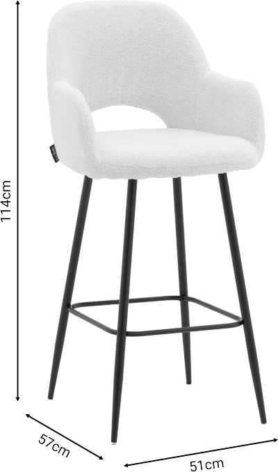 Karrige për bar Renish, pëlhurë teddy ivary, këmbë metalike të zeza, 51x57x114cm