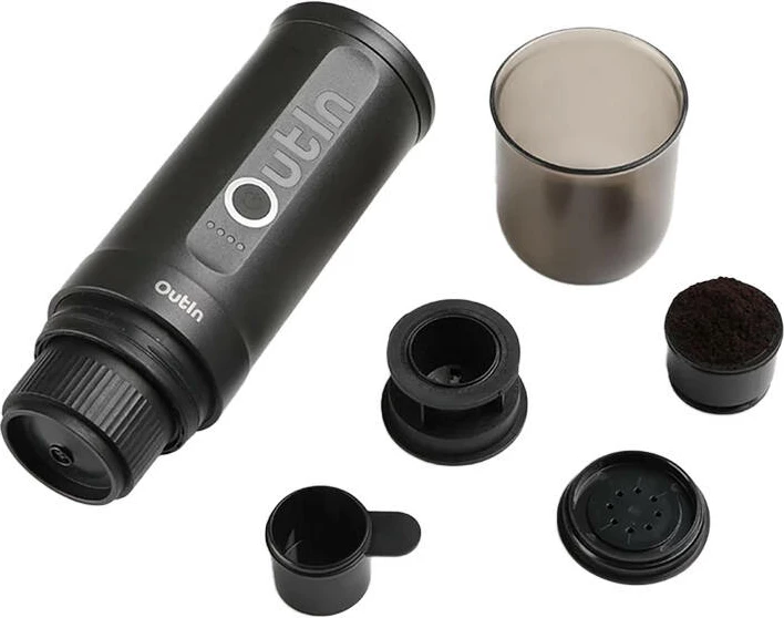 Aparat ekspreso portabël, OUTIN Nano A000010, bateri 7500 mAh, 20 bar, 50–80 ml, për kafe pluhur dhe kapsula Nespresso, gri, set me kuti mbrojtëse
