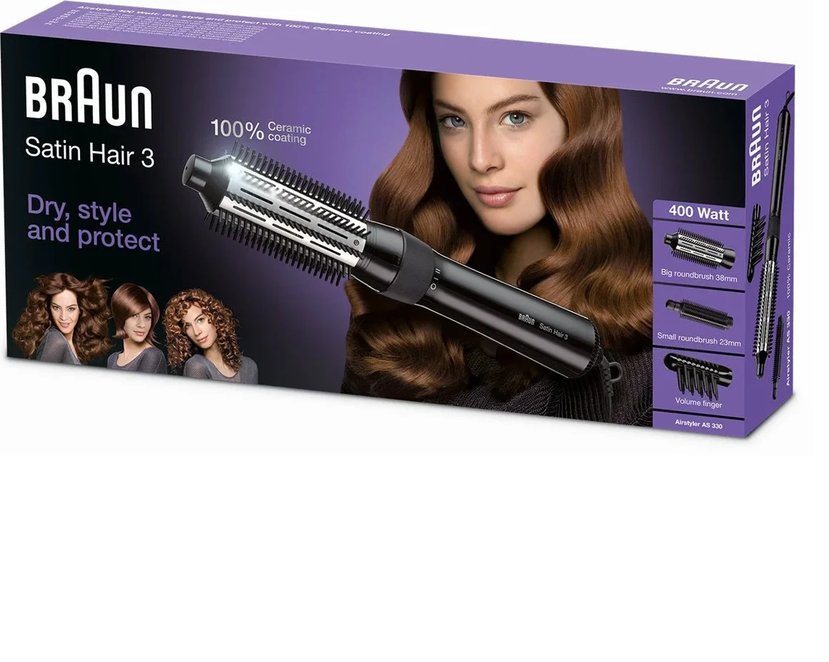 Furçë ajri e nxehtë, Braun, Satin Hair 3 AS330, 400W, 2 nivele nxehtësie/rryme ajri, set me 3 aksesorë, e zezë